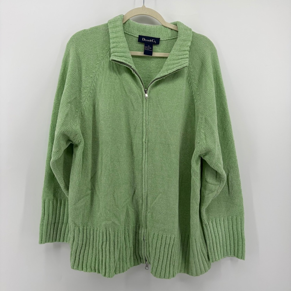 DENIM&CO Plus Size 1X Green Chenille Knit Zip Up Sweater Jacket